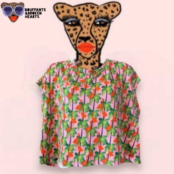 Bouffants and Broken Hearts Pink Flamingo Hawaiian Linen Top - Picture 1 of 6